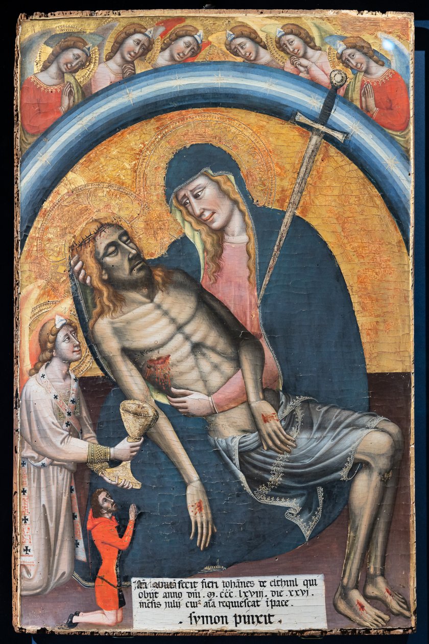 الرثاء على المسيح الميت مع العميل ، يوهانس دي إلين ، بقلم سيمون دي كروسيفيسي ، ج. 1368. يتم تمثيل العذراء على أنها سيدة الأحزان ، وفي قلبها سيف. بواسطة Simone dei Crocifissi