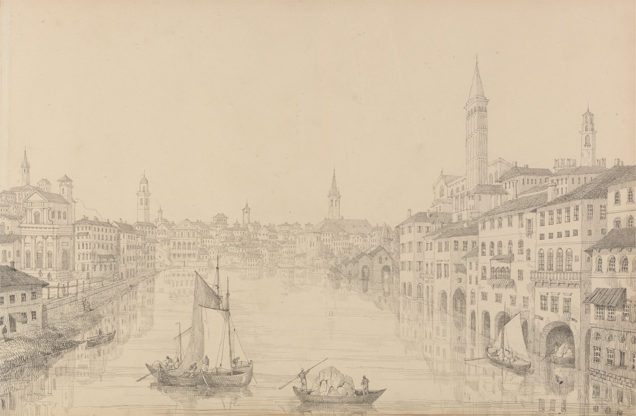 ألبوم يضم 30 منظرًا في تيرول وإيطاليا: مدينة فيرونا من الجسر ، 1 نوفمبر 1840 بواسطة السير تشارلز دي أويلي