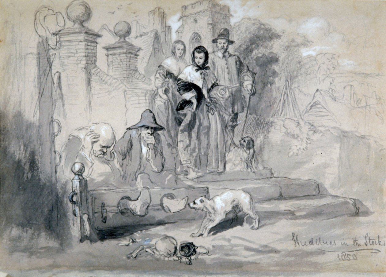 "Hudibras in the Stocks" ، ١٨٥٠ بواسطة السير جون جيلبرت