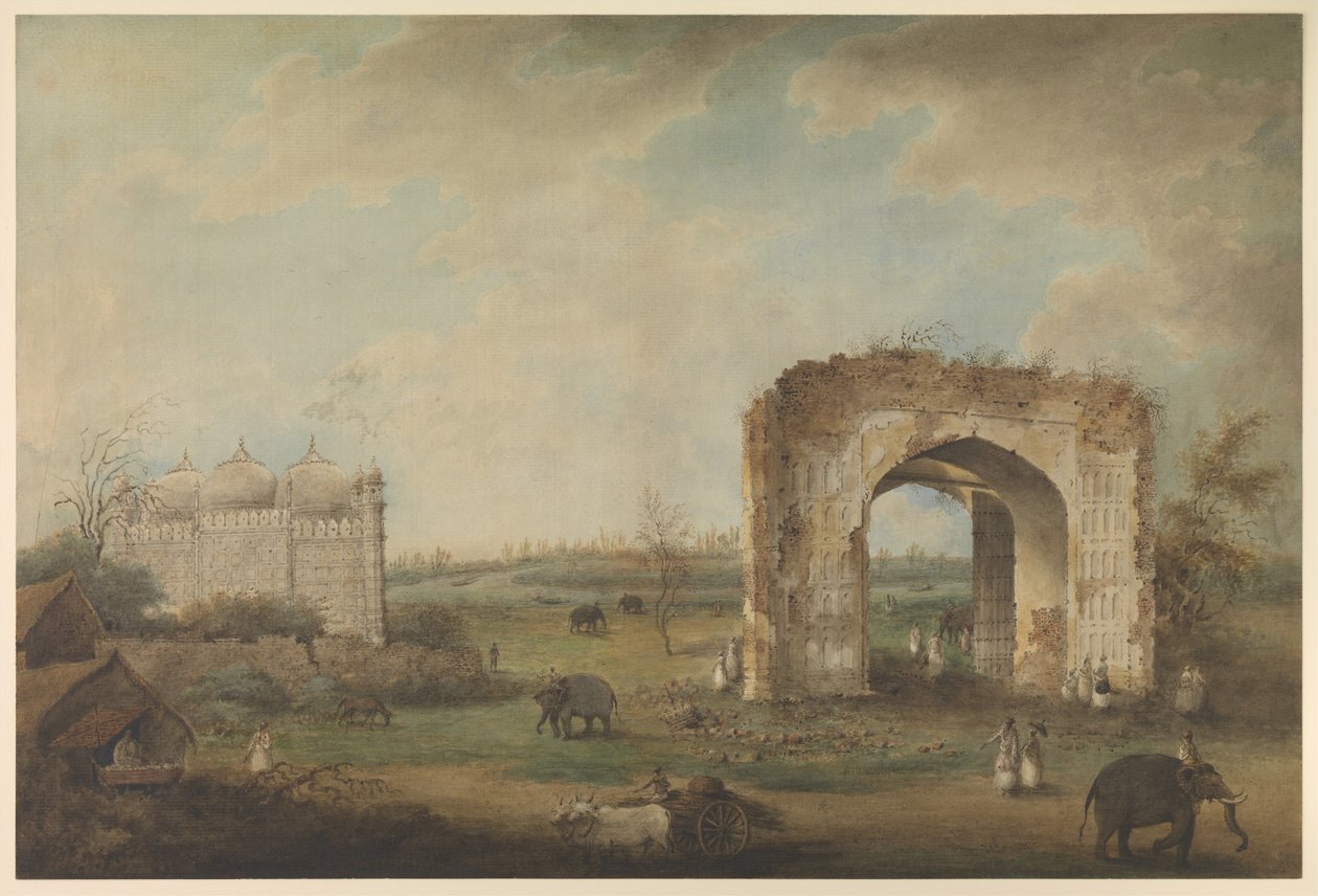 منظر لمسجد وبوابة في متجهيل ، حوالي 1814–1823 (ألوان مائية غير شفافة على ورق) بواسطة سيتا رام (سمة إلى)