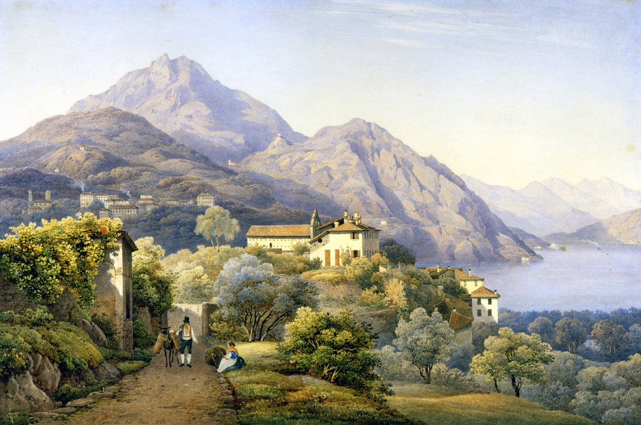 كومو. ميناجيو. لوفينو وجبل جروما. 1840. رسم س. كورودي. ميناجيو ، كومو. . بواسطة سليمان كورودي