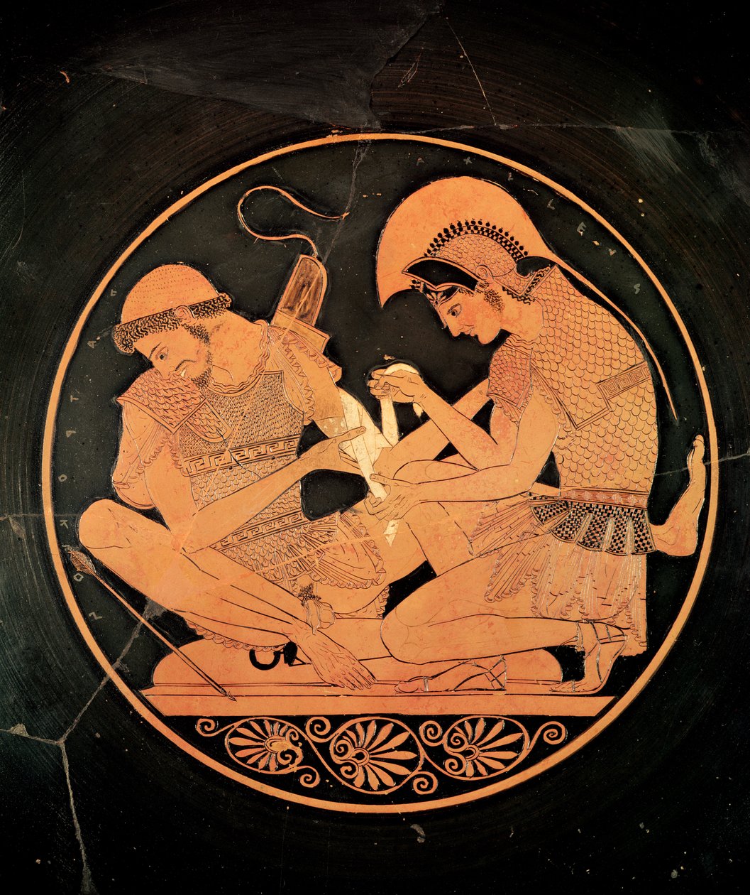 الجزء الداخلي من صورة العلية الحمراء kylix التي تصور أخيل تميل إلى الجرحى الجرحى ، من Vulci ، c.500 قبل الميلاد (سيراميك) بواسطة رسام سوسياس