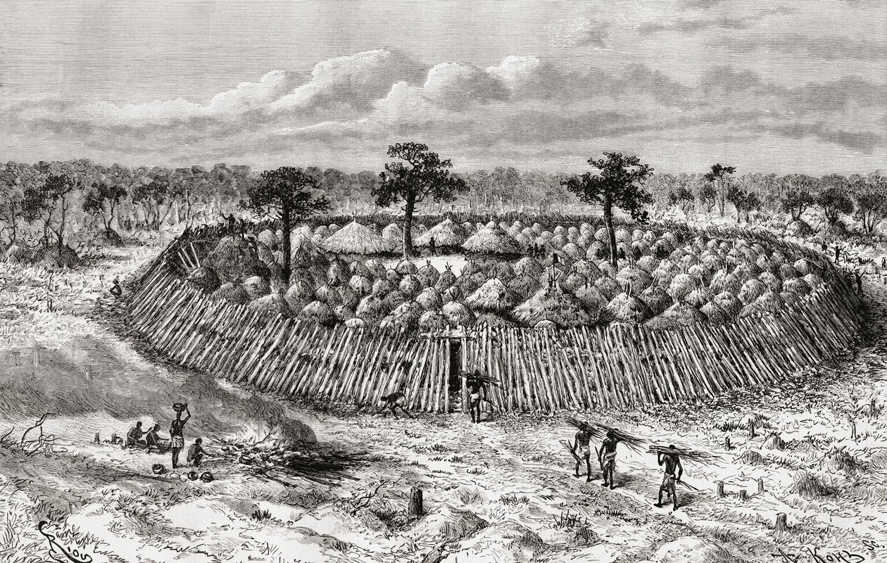 قرية كونغولية في منتصف القرن التاسع عشر ، من "Africa Pintoresca" ، نُشرت عام 1888 بواسطة المدرسة الاسبانية