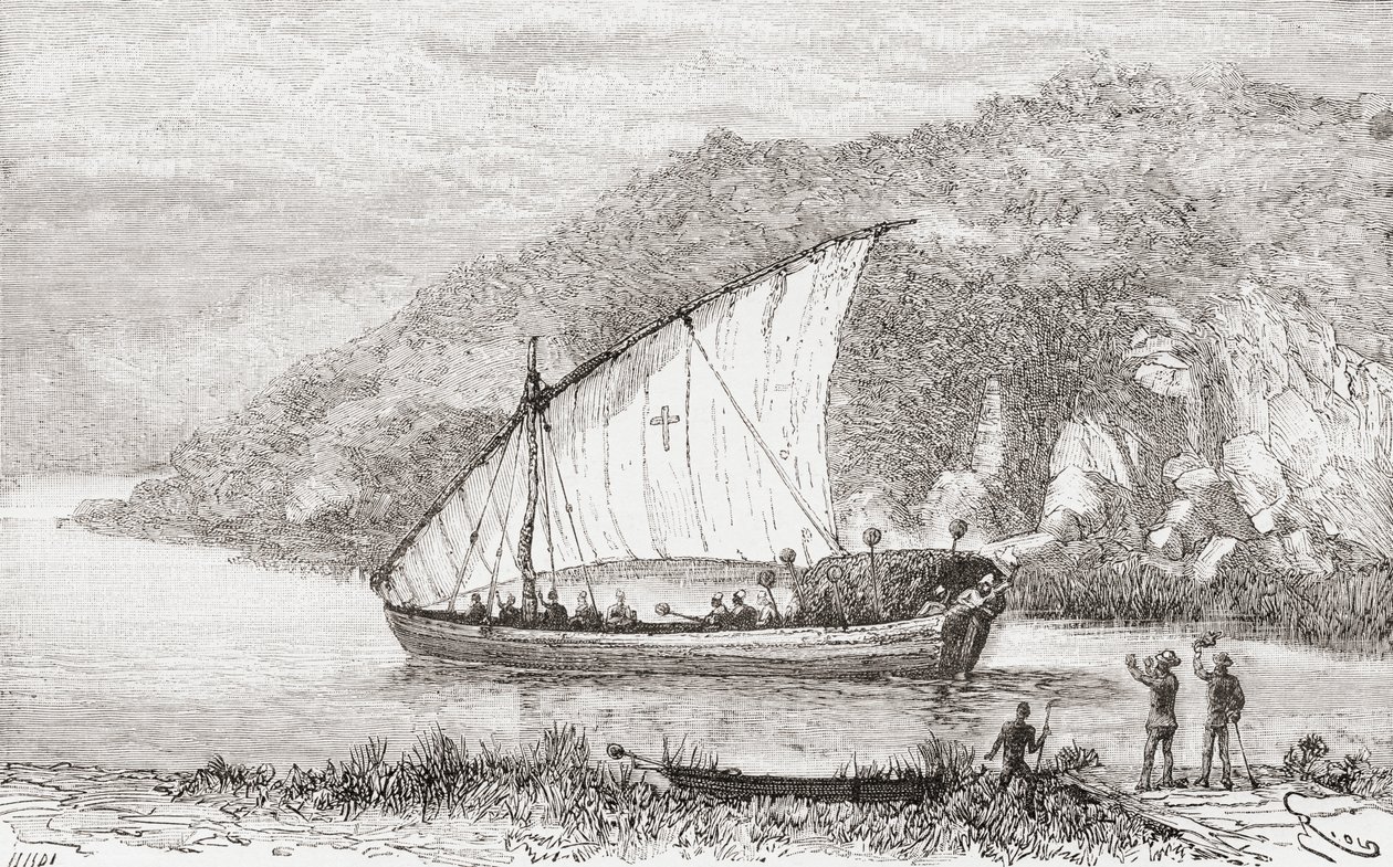 مركب شراعي على نهر الكونغو في القرن التاسع عشر ، من "Africa Pintoresca" ، نُشر عام 1888 بواسطة المدرسة الاسبانية