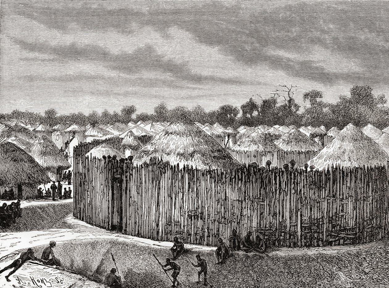 قرية في وسط أفريقيا خلال القرن التاسع عشر ، من "Africa Pintoresca" ، نُشرت عام 1888 بواسطة المدرسة الاسبانية