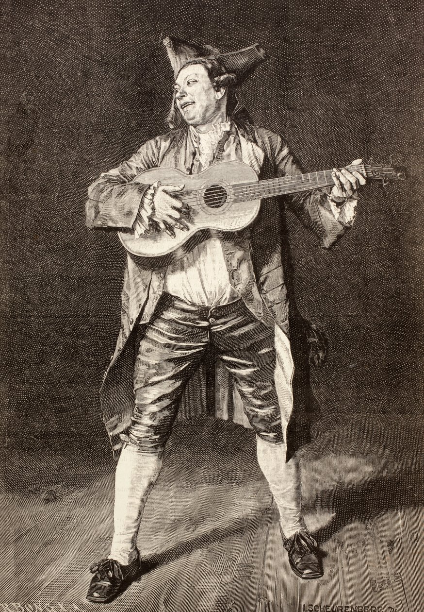 موسيقي من القرن الثامن عشر ، بعد رسم رسمه ل. شورنبرغ ، من فيلم La Ilustracion Espanola y Americana عام 1881 بواسطة المدرسة الاسبانية