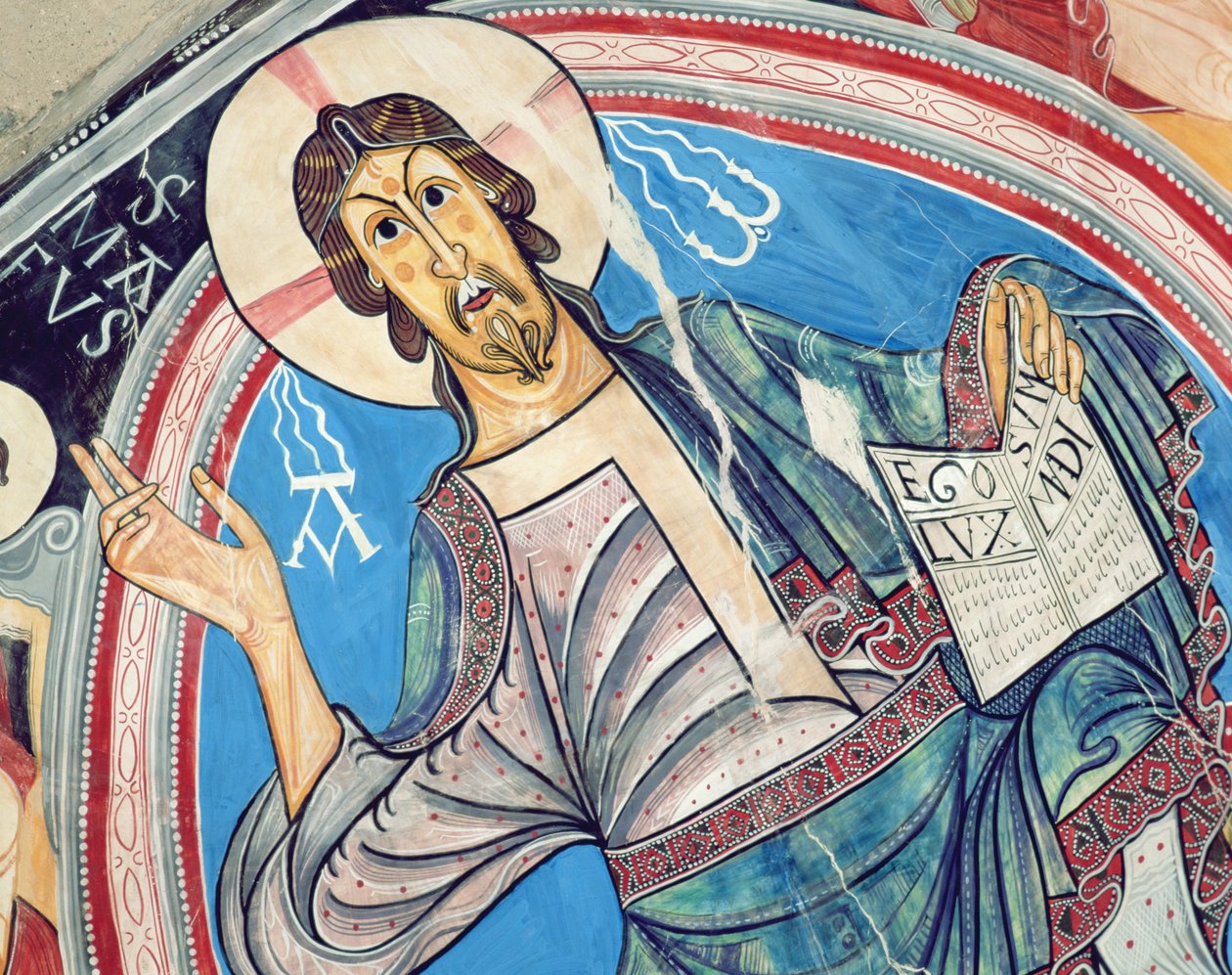 المسيح في الجلالة يحيط به السيرافيم ورموز الإنجيليين ، نسخة من القرن الثاني عشر الأصلي بواسطة المدرسة الاسبانية