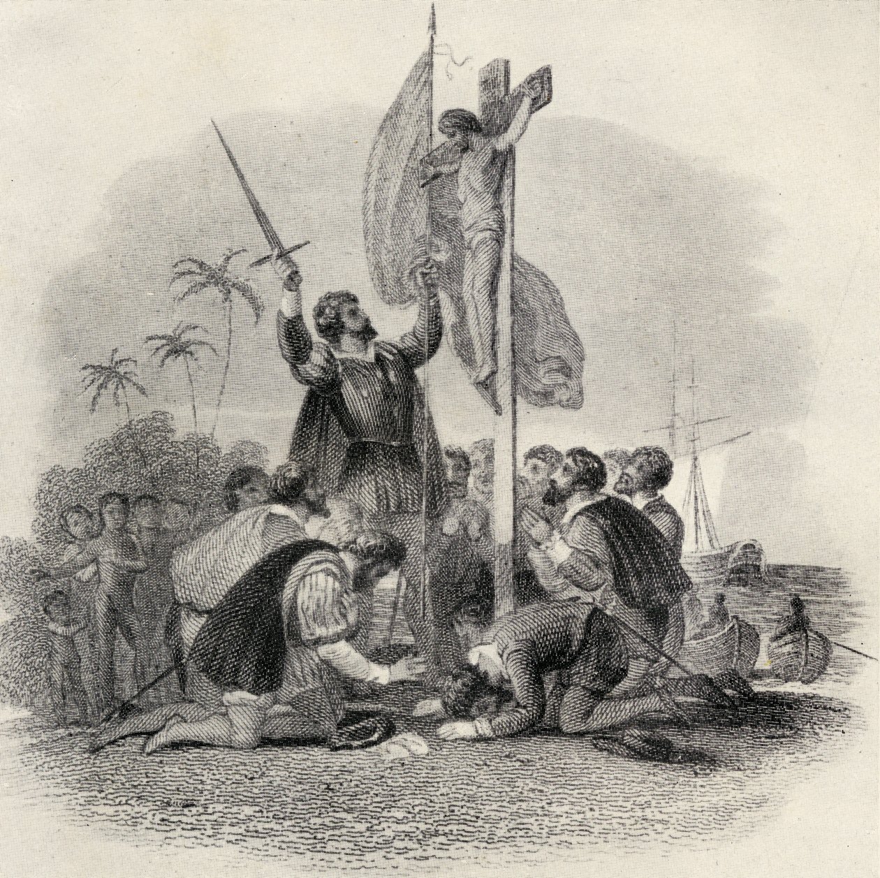 كولومبوس (1451-1506) الذي هبط في العالم الجديد ، رسم توضيحي في "السعي من جزر الهند" ، نُشر عام 1920 بواسطة المدرسة الاسبانية