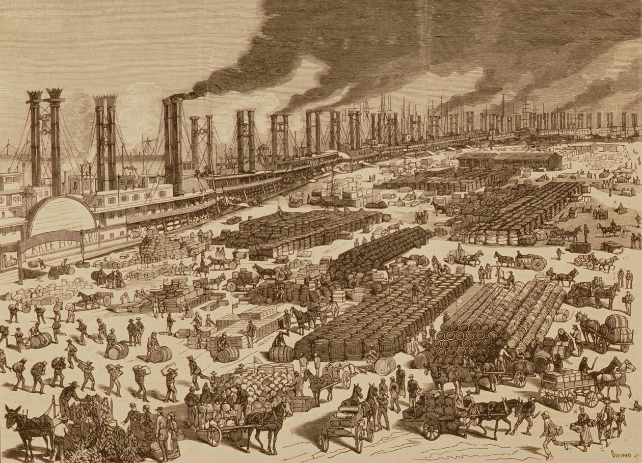 النشاط التجاري وإطلالة على الرصيف في نيو أورليانز عام 1880 بواسطة المدرسة الاسبانية