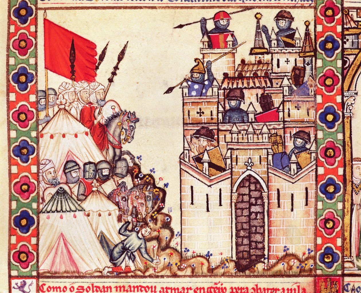 تفاصيل Cantiga 28 التي تصور جنودًا يطوقون القسطنطينية التي كانت في أيدي المسيحيين ، مكتوبة باللغة Galacian لـ Alfonso X بواسطة المدرسة الاسبانية