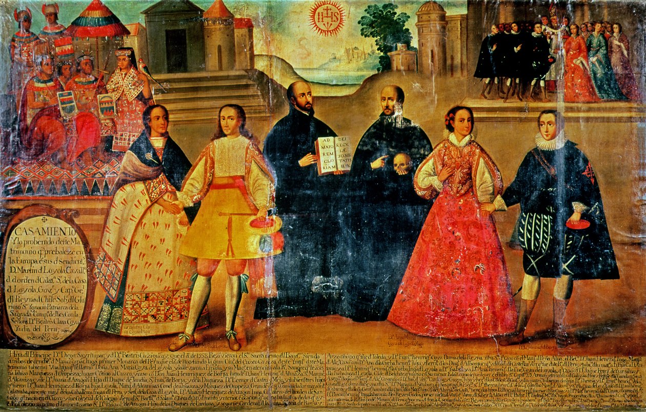 زواج مزدوج بين امرأتين من الإنكا واثنين من الإسبان في 1558 ، ج .1750 (لوحة) بواسطة المدرسة الاسبانية