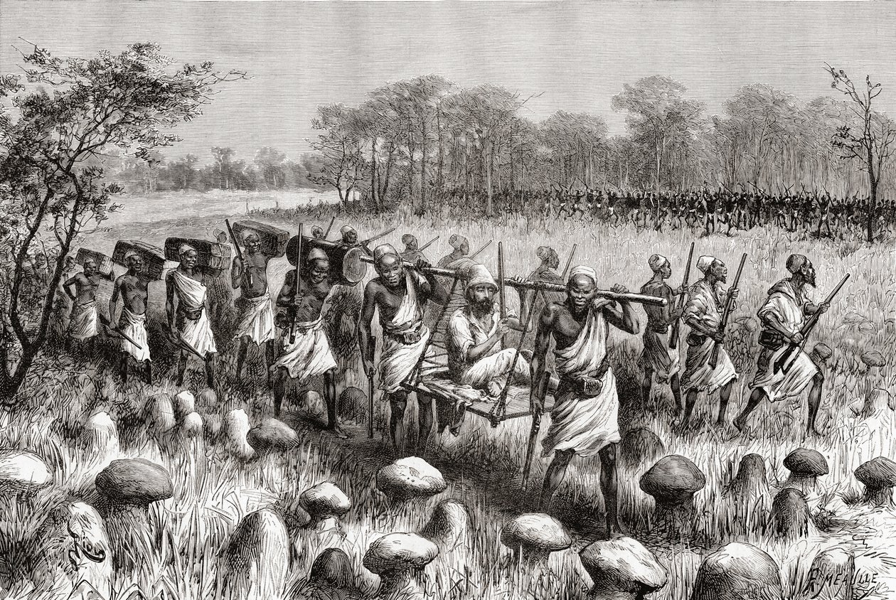 Explorer Pietro Paolo Savorgnan of Brac مغادرة Kalasa ، زامبيا ، من "Africa Pintoresca" ، تم نشره عام 1888 بواسطة المدرسة الاسبانية