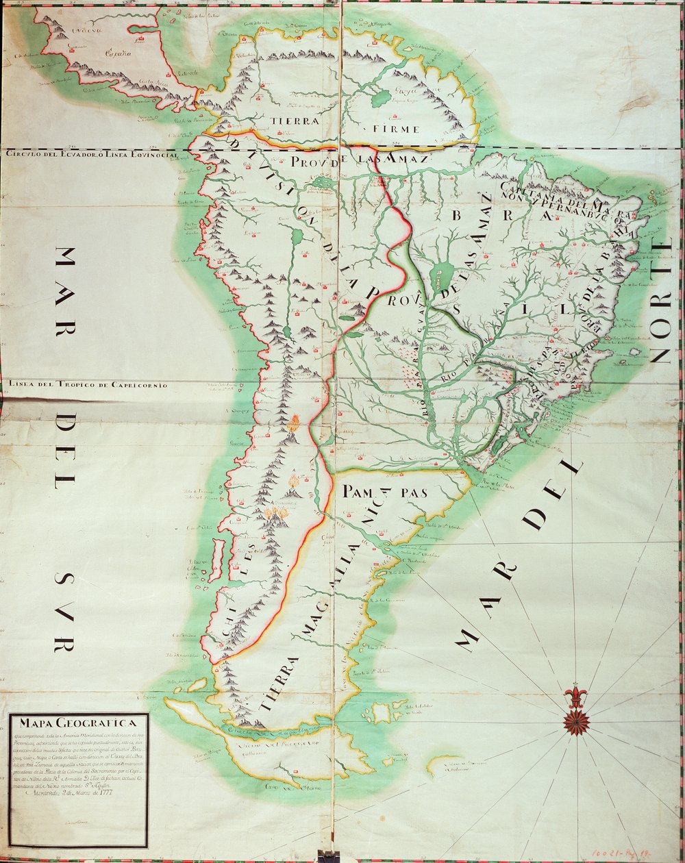 خريطة لأمريكا الجنوبية ، 1777 (مرحاض ، غواش وقلم وحبر على ورق) بواسطة المدرسة الاسبانية