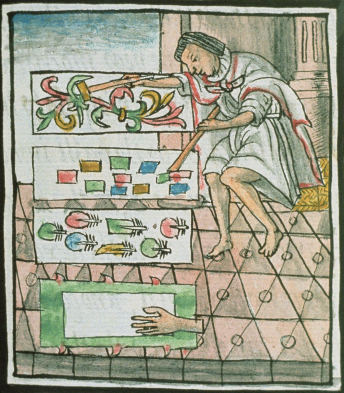 السيدة بالات. 218-220 الكتاب IX Aztec تصميم ريش حرفي وأنماط قطع ، من "مجلد فلورنتين" بقلم برناردينو دي ساهاجون ، c.1540-85 بواسطة المدرسة الاسبانية