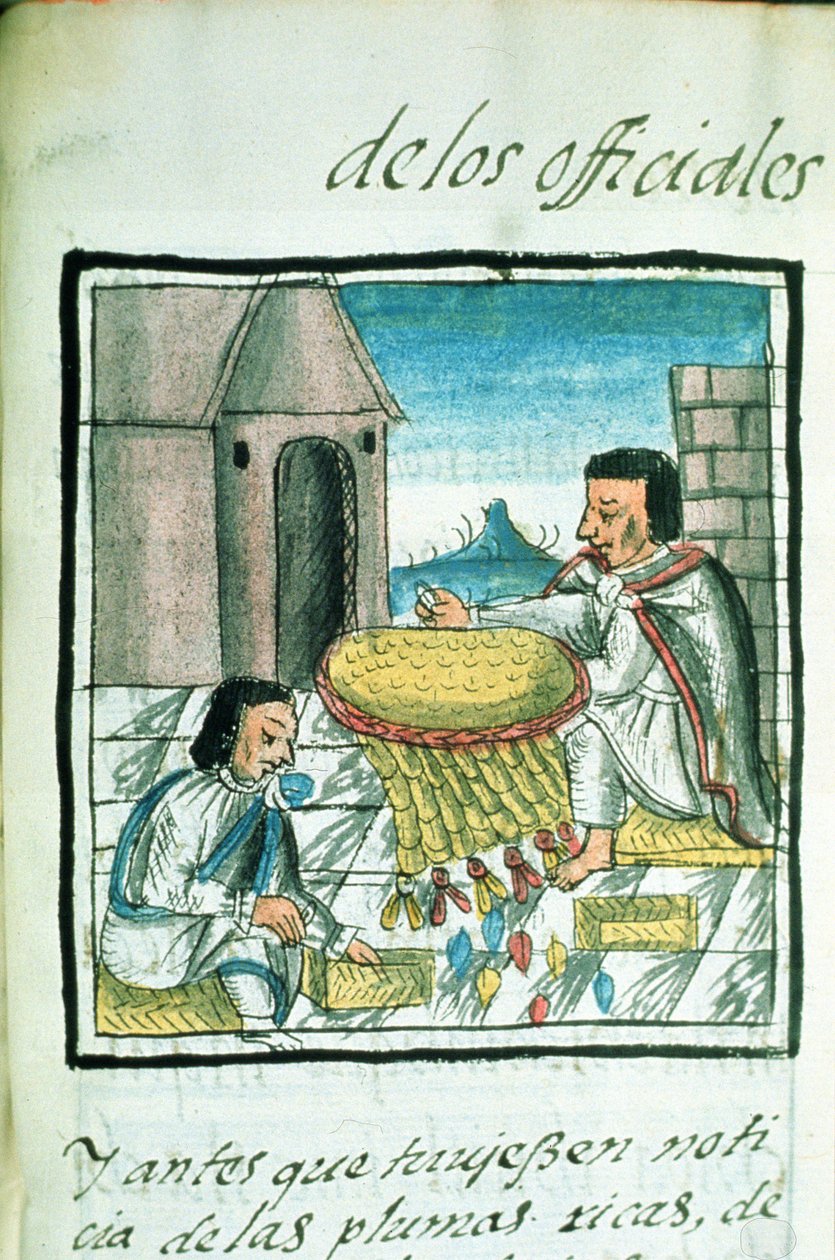 السيدة بالات. 218-220 كتاب IX Aztec الحرفيين الريش في العمل ، من "مجلد فلورنتين" بقلم برناردينو دي ساهاجون ، c.1540-85 بواسطة المدرسة الاسبانية