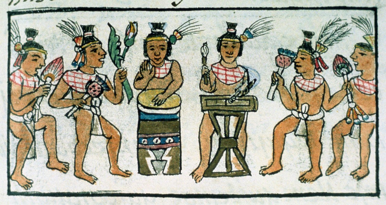 السيدة بالات. 218-220 كتاب موسيقيين أزتيك من كتاب IX Aztec من سرد لحرف Aztec في وسط المكسيك ، من "مخطوطة فلورنتين" بقلم برناردينو دي ساهاجون ، c.1540-85 بواسطة المدرسة الاسبانية