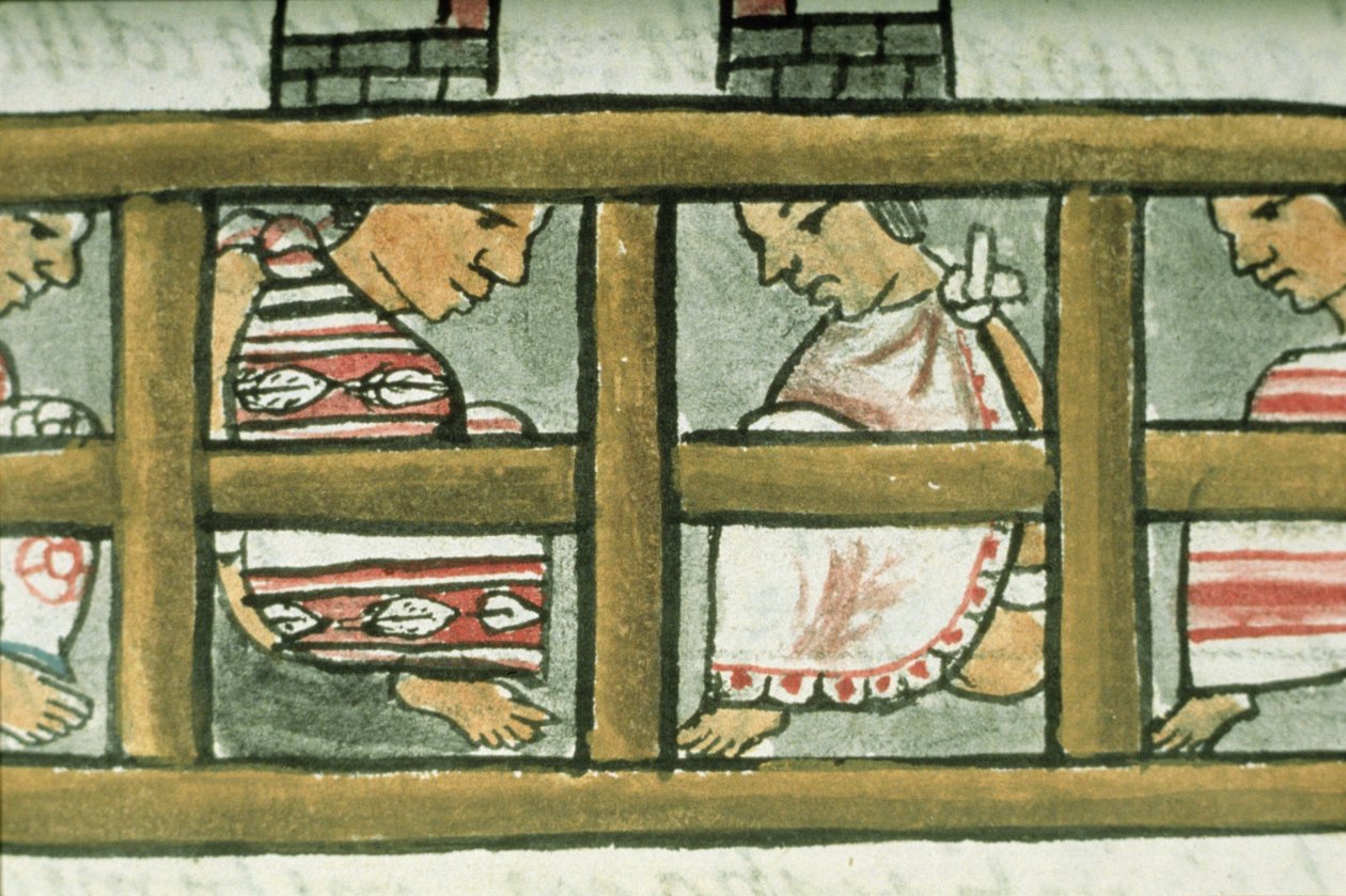 السيدة بالات. 218-220 الكتاب التاسع سجناء الأزتيك ، من "مخطوطة فلورنسا" بقلم برناردينو دي ساهاجون ، c.1540-85 بواسطة المدرسة الاسبانية