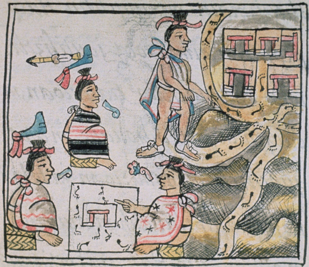 السيدة بالات. 218-220 كتاب IX Aztecs استشاري ومتابعة لخريطة ، من "مجلد فلورنتين" بقلم برناردينو دي ساهاجون ، c.1540-85 بواسطة المدرسة الاسبانية