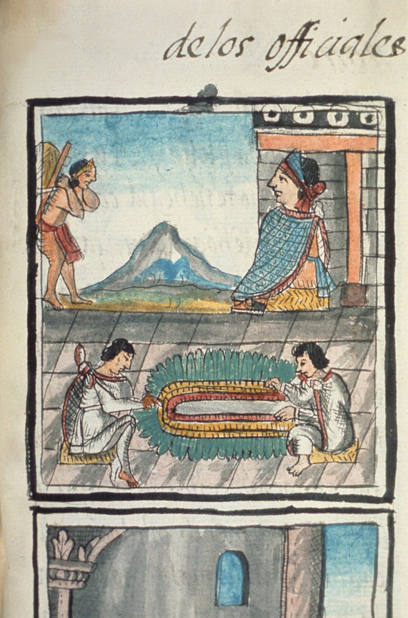 السيدة بالات. 218-220 الكتاب التاسع من الحرفيين من حكم قصر الأزتك الذين يصنعون رؤوس الريش ، من سرد لحرف الأزتك في وسط المكسيك كتبه ويوضحه برناردينو دي ساهاجون ، الإسبانية بواسطة المدرسة الاسبانية