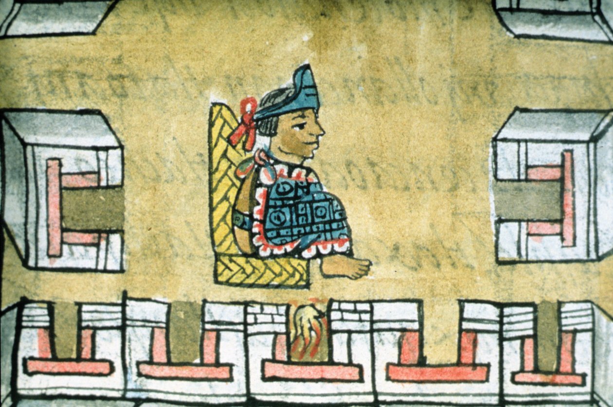 السيدة بالات. 218-220 كتاب IX Montezuma II (1466-1520) ، من "مجلد فلورنتين" بقلم برناردينو دي ساهاجون ، c.1540-85 بواسطة المدرسة الاسبانية