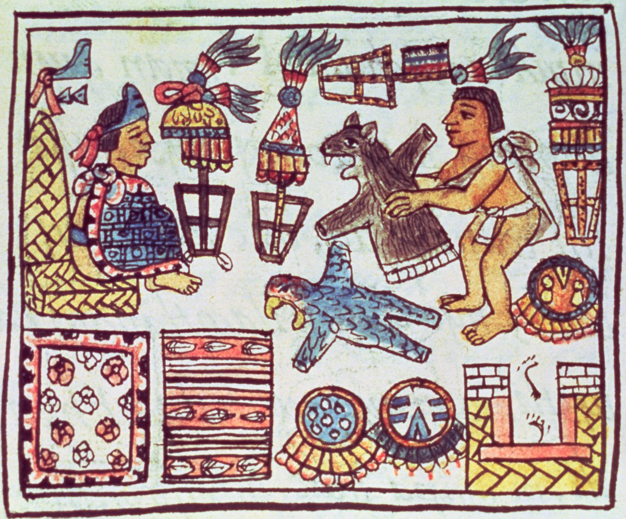 السيدة بالات. 218-220 كتاب IX Montezuma II (1466-1520) يتلقى الإشادة ، من "مجلد فلورنتين" بقلم برناردينو دي ساهاجون ، c.1540-85 بواسطة المدرسة الاسبانية