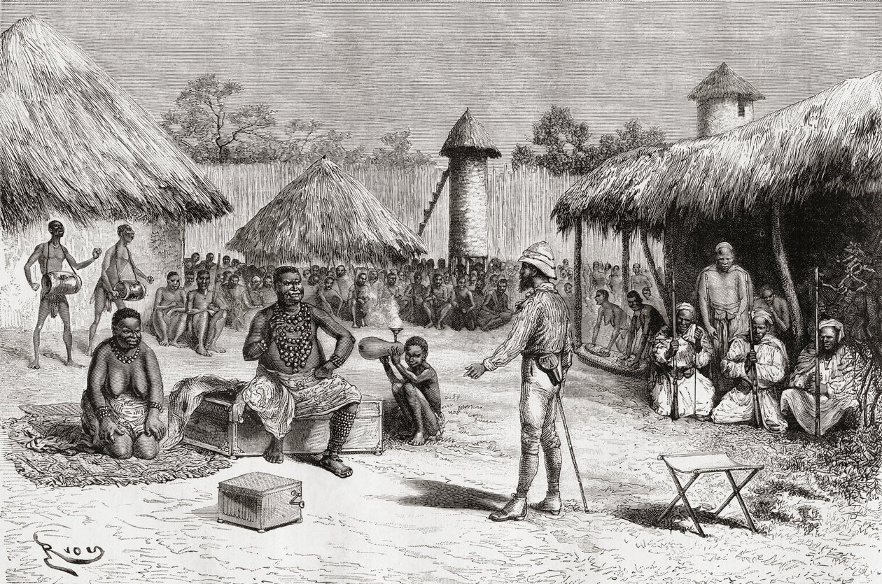 استقبال للمستكشف Pietro Paolo Savorgnan di Brazza في منزل Chief Ketimkuru ، Uemba ، وسط أفريقيا ، من "Africa Pintoresca" ، تم نشره عام 1888 بواسطة المدرسة الاسبانية