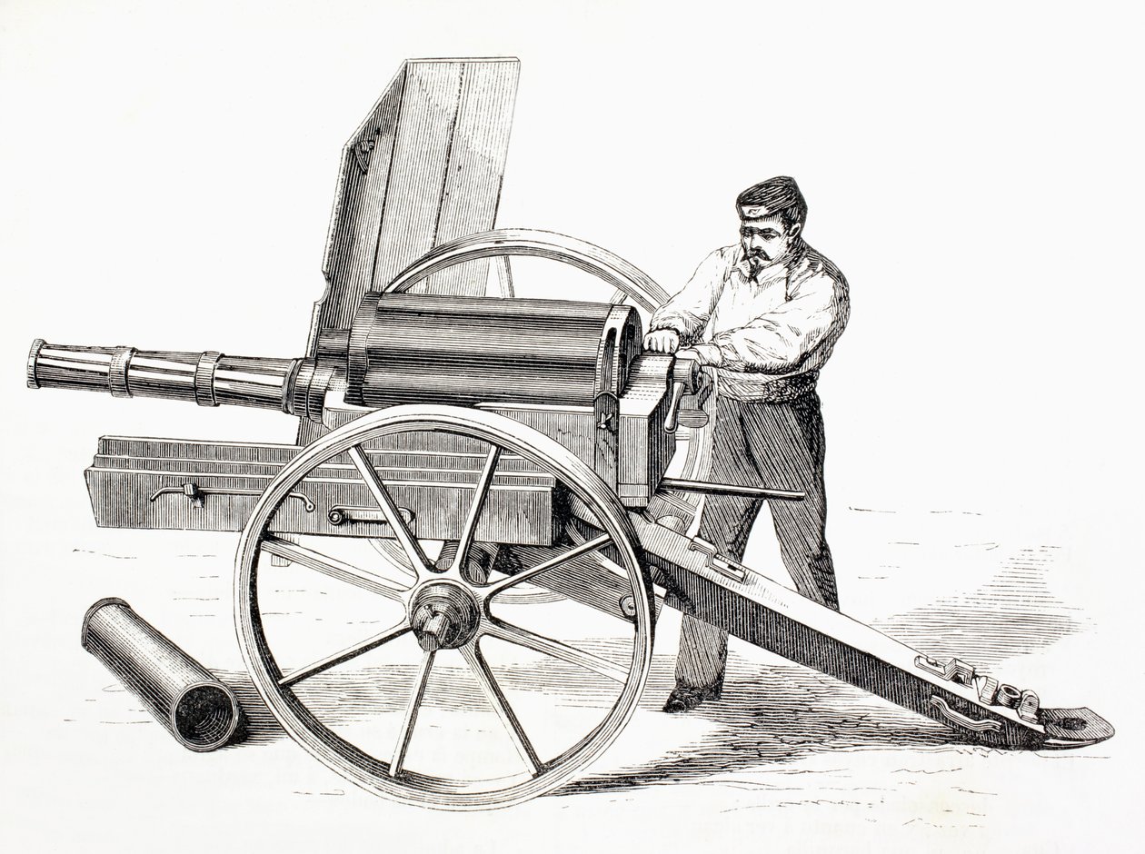 مدفع دوار براءة اختراع من قبل JA de Brame في عام 1861 ، من "المتحف العالمي" ، نشر عام 1862 بواسطة المدرسة الاسبانية