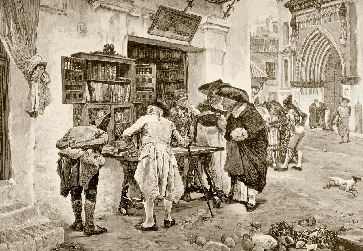 قائمة المراجع ، بعد لوحة من خيمينيز أراندا ، من "La Ilustracion Espanola y Americana" عام 1881 بواسطة المدرسة الاسبانية