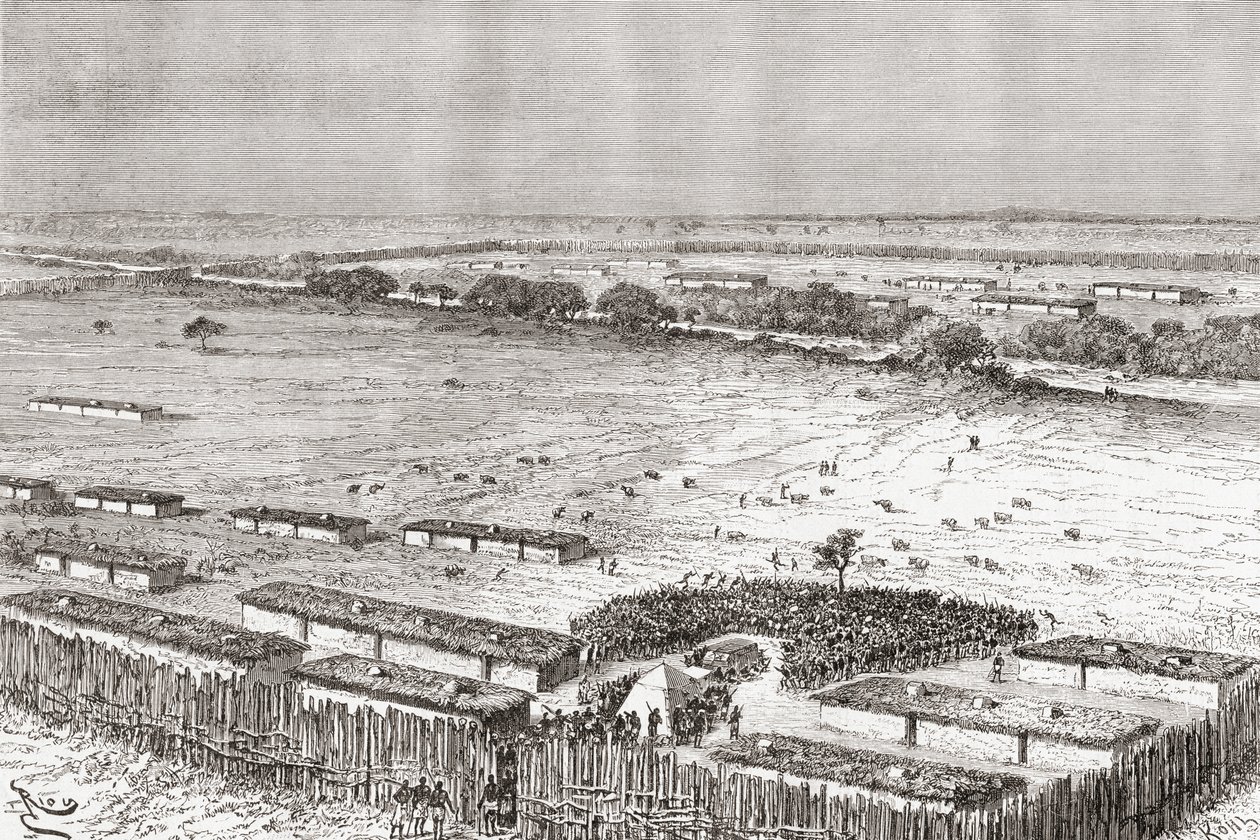 عاصمة Uhehe ، تنزانيا ، كما كانت في أواخر القرن التاسع عشر ، من "Africa Pintoresca" ، تم نشرها عام 1888 بواسطة المدرسة الاسبانية