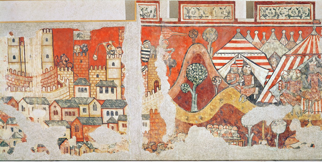 المعسكر الملكي لجيمس الأول ، ملك أراغون خلال حصار مايوركا في عام 1229 ، التفاصيل من الجداريات في Palacio Aguilar ، 1280 بواسطة المدرسة الاسبانية
