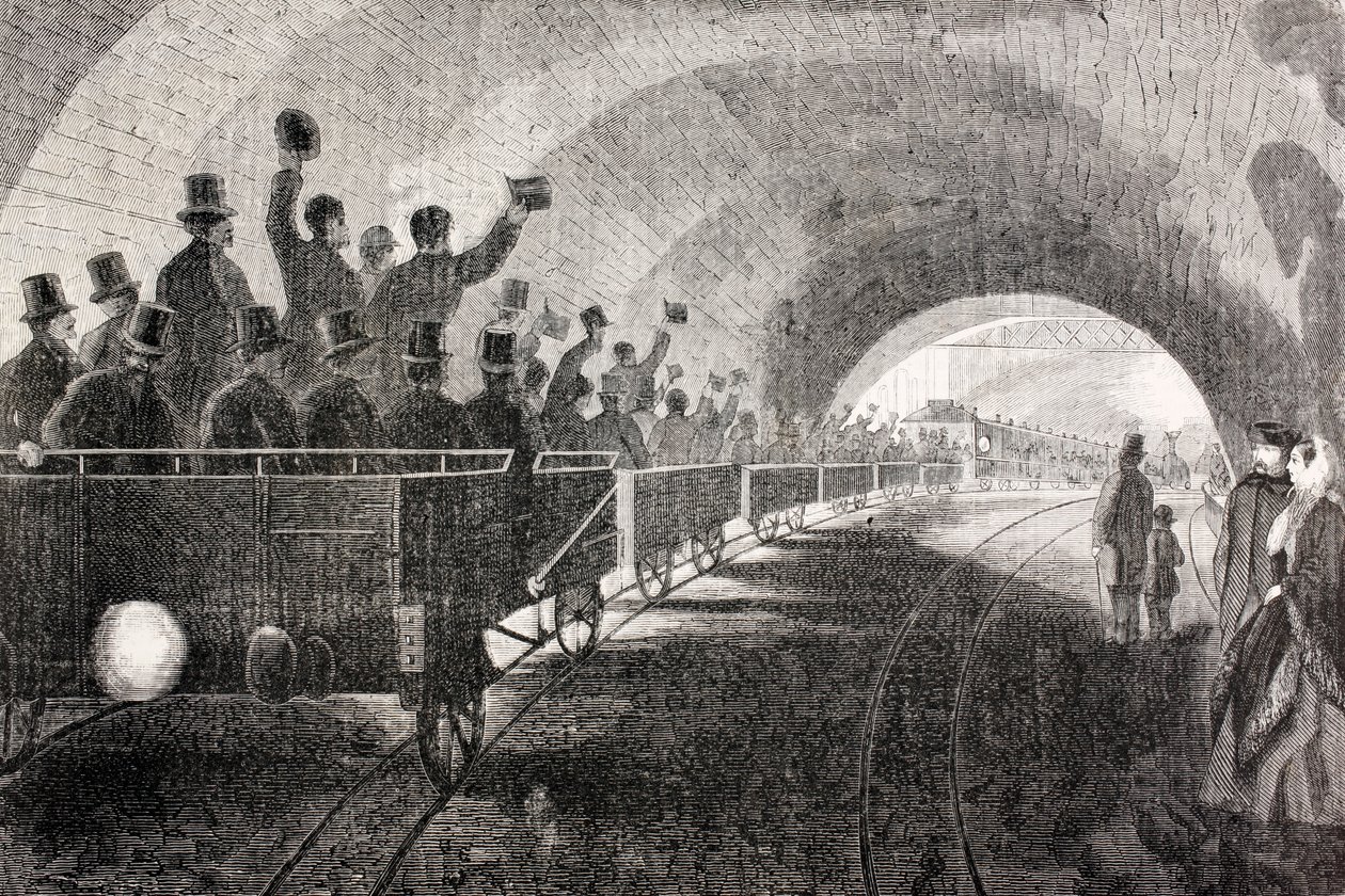 تشغيل تجريبي للقطار في مترو أنفاق لندن عام 1862 ، من "المتحف العالمي" ، نُشر عام 1862 بواسطة المدرسة الاسبانية