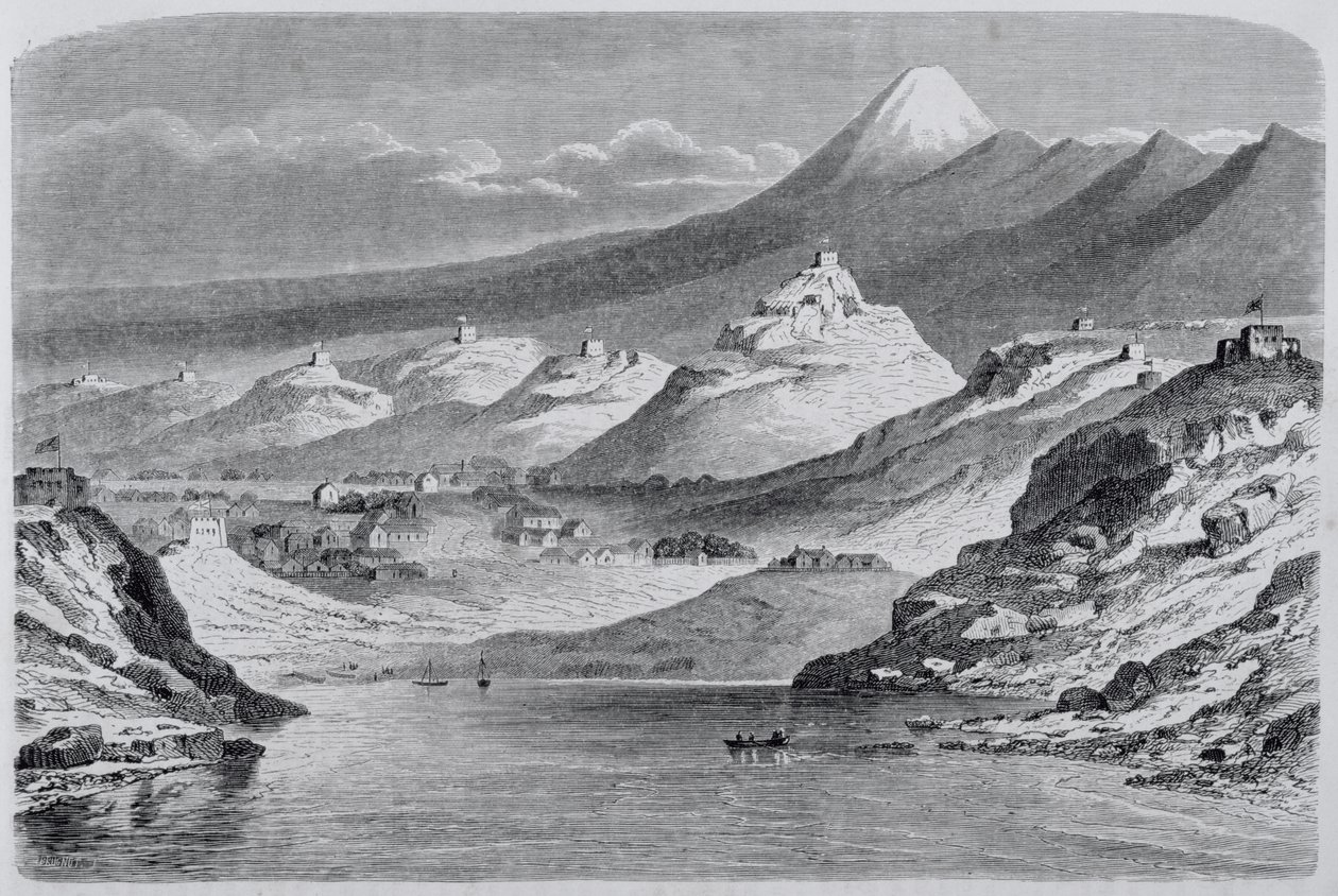 منظر لبليموث جديدة وجبل إيغمونت ، رسم توضيحي من العودة إلى العالم ، 1865 بواسطة المدرسة الاسبانية