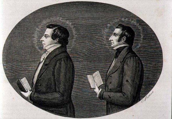(من اليسار إلى اليمين) جوزيف سميث (1805-44) مؤسس كنيسة المورمون وشقيقه هيروم ، من La Vuelta al Mundo ، نُشر في Mardrid بواسطة المدرسة الاسبانية