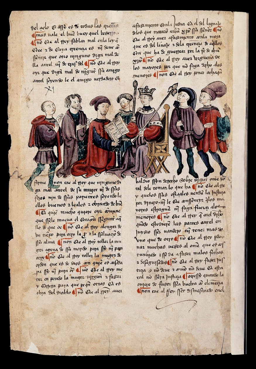 رجل يعرض على الملك كتابا مصغرًا في "كتاب العقوبات والوثائق من أجل العيش الكريم" بواسطة المدرسة الاسبانية