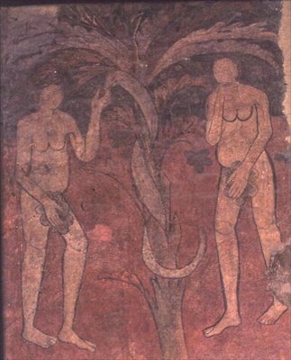 آدم وحواء ، أصل الخطيئة ، جدارية من قوس النصر في صدر الكنيسة المركزية ، ستا. ماريا دي باربيرا (جدارية) بواسطة المدرسة الاسبانية