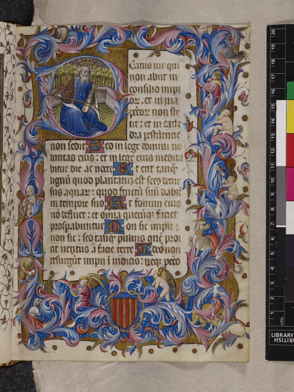 أضف MS 28962 f.82r الأولي "ب" الذي يصور الملك داود ، المزمور الأول ، من "سفر المزامير والساعات ، استخدام الدومينيكان" أو "كتاب الصلاة لألفونسو الخامس من أراغون" ، حوالي 1436-1443 (حبر ولون وذهب على ورق) بواسطة المدرسة الاسبانية