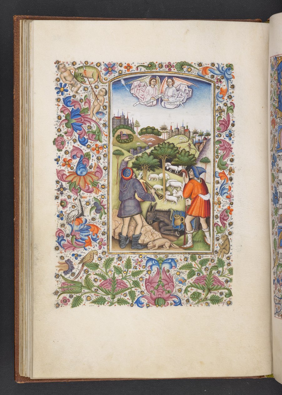 أضف MS 50004 f.32v البشارة للرعاة ، من "كتاب الصلوات" (الحبر واللون والذهب على ورق) بواسطة المدرسة الاسبانية