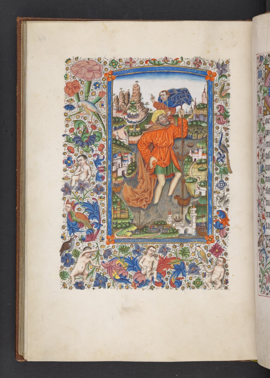 أضف MS 50004 f.64v Saint Christopher وهو يحمل المسيح الطفل ، "Book of Hours" (حبر ، لون وذهب على ورق) بواسطة المدرسة الاسبانية