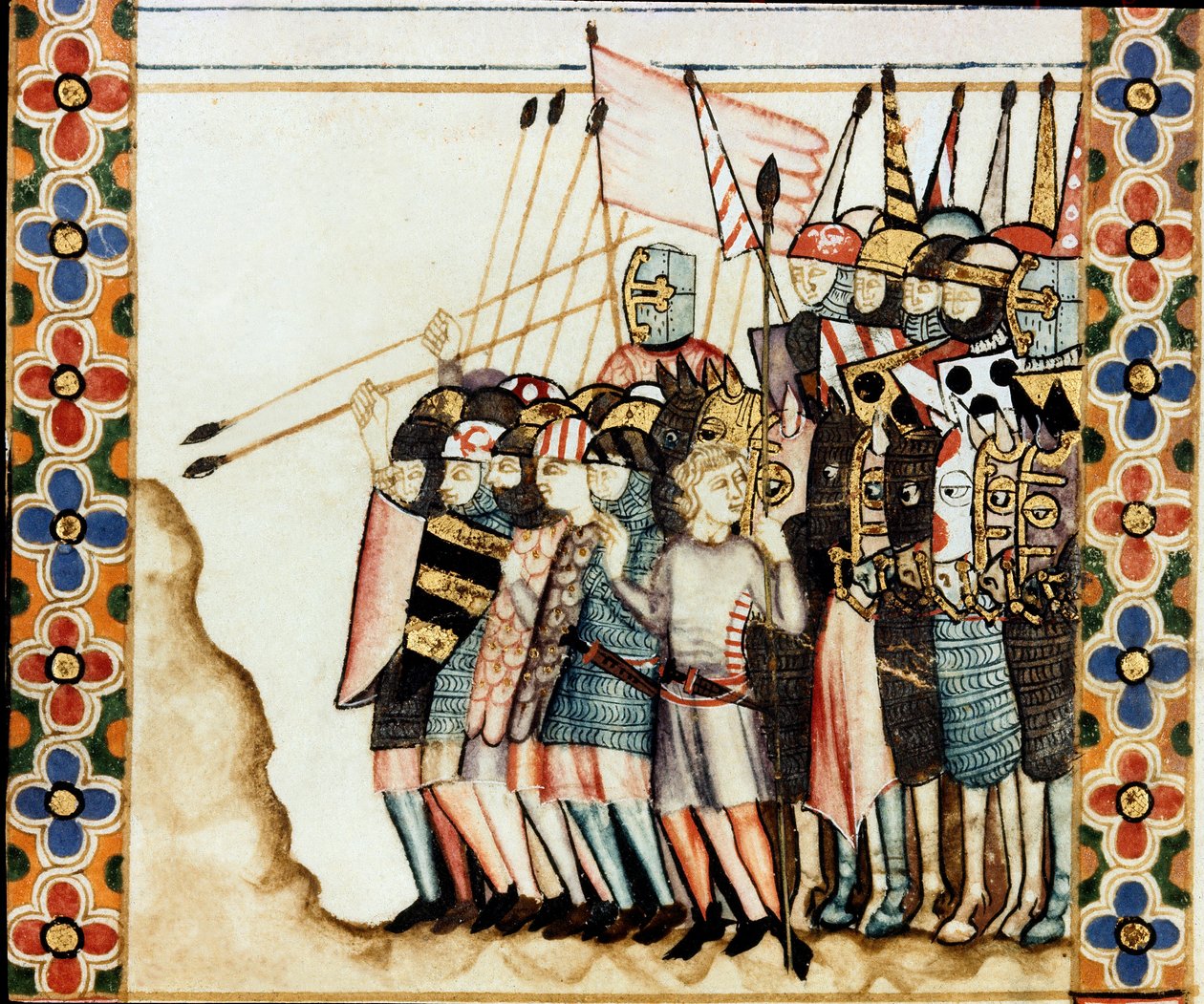 Armee des croises تفاصيل صفحة مأخوذة من مخطوطة لأغنية القديسة ماري (Cantigas de Santa Maria) ، تزين المنمنمات المكرسة للقديسة مريم ومعجزاتها ، وهي مجموعة من الأغاني التي ترجع إلى عهد ألفونسو العاشر الحكيم (1221- 1284). بواسطة المدرسة الاسبانية