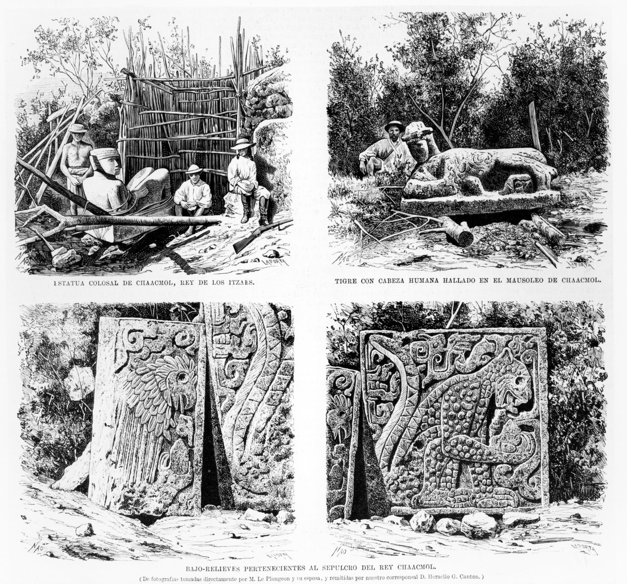 اكتشاف قطع أثرية في تشيتشن إيتزا من قبل أوغسطس لو بلونجون ، صورة توضيحية من La Illustracion Espanola y Americana 1877 بواسطة المدرسة الاسبانية