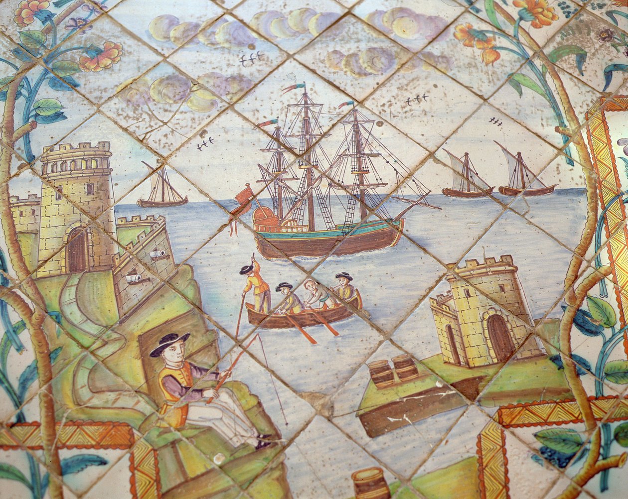 بلاط Azulejos الذي يصور ميناء بالسفن (سيراميك) بواسطة المدرسة الاسبانية