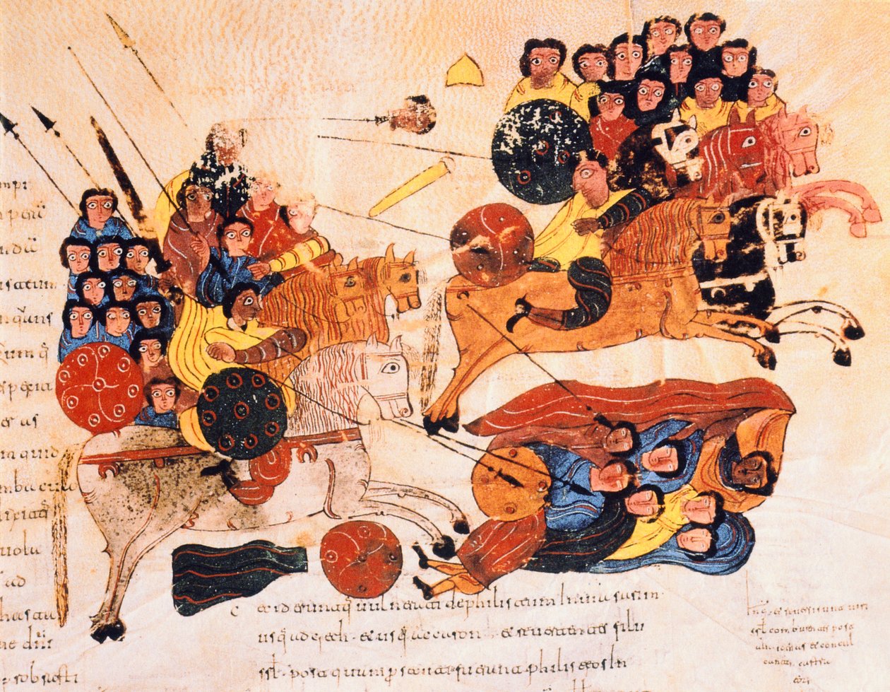 معركة بين العبرانيين والفلسطينيين ، من الكتاب المقدس القوطي والموزاربي للقديس إيسيدوريس ، الورقة 119 ص ، 960 م (درجة الحرارة على الرق) بواسطة المدرسة الاسبانية