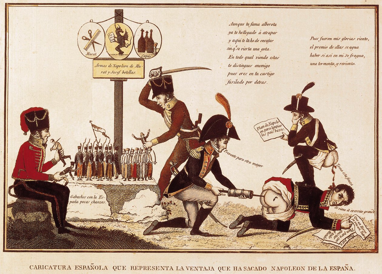 رسم كاريكاتوري عن الفوائد التي حصل عليها نابليون بونابرت (1769-1821) في إسبانيا بواسطة المدرسة الاسبانية