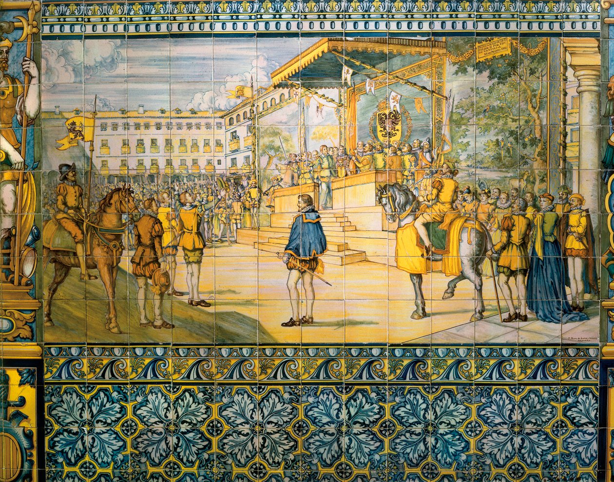 Clebrations في بلد الوليد على شرف فيليب الثاني ملك إسبانيا في مايو 1559. أزوليجوس من مدرسة تالافيرا في قصر عائلة بيمنتل ، بلد الوليد. بواسطة المدرسة الاسبانية