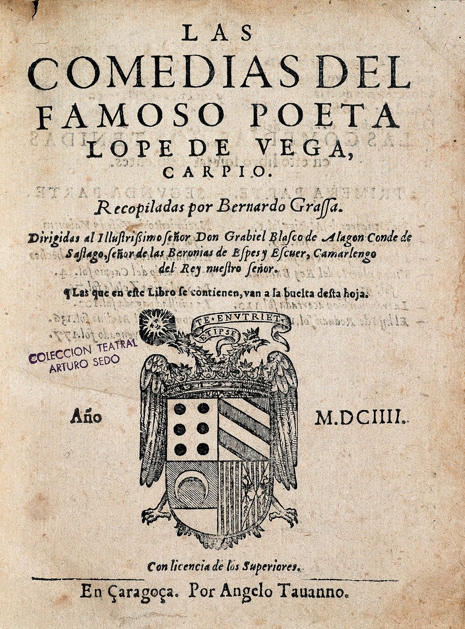 غلاف لاس كوميداس ديل بويتا الشهير لوبي دي فيغا ، بقلم فيليكس لوبي دي فيجا كاربيو (1562-1635) ، طبعة 1604 (دراسة مطبوعة) بواسطة المدرسة الاسبانية