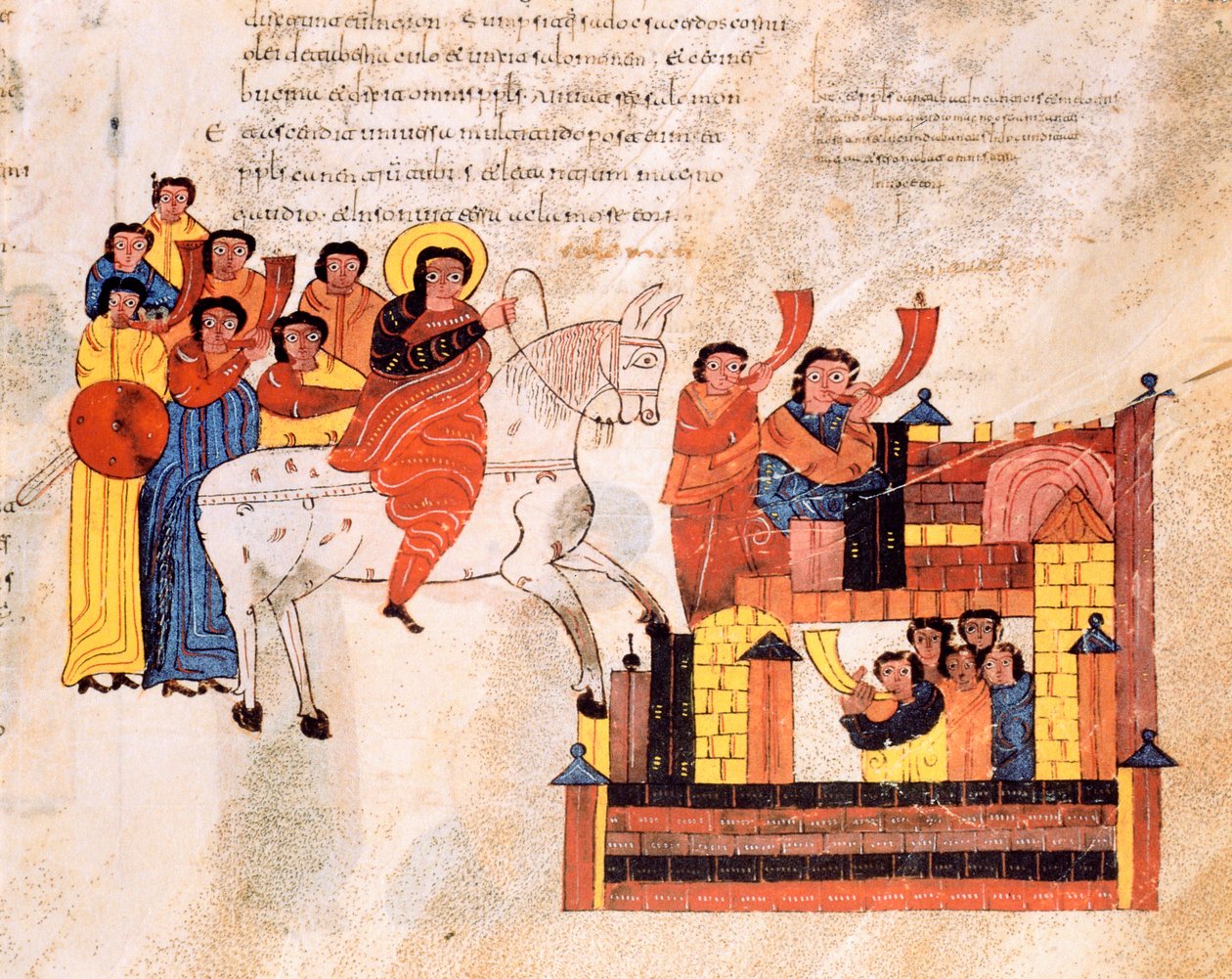 دخول الملك داود إلى أورشليم إلى صوت الأبواق ، من الكتاب المقدس القوطي والموزاربي للقديس إيسيدوريس ، ص. 135 ص ، 960 م. بواسطة المدرسة الاسبانية