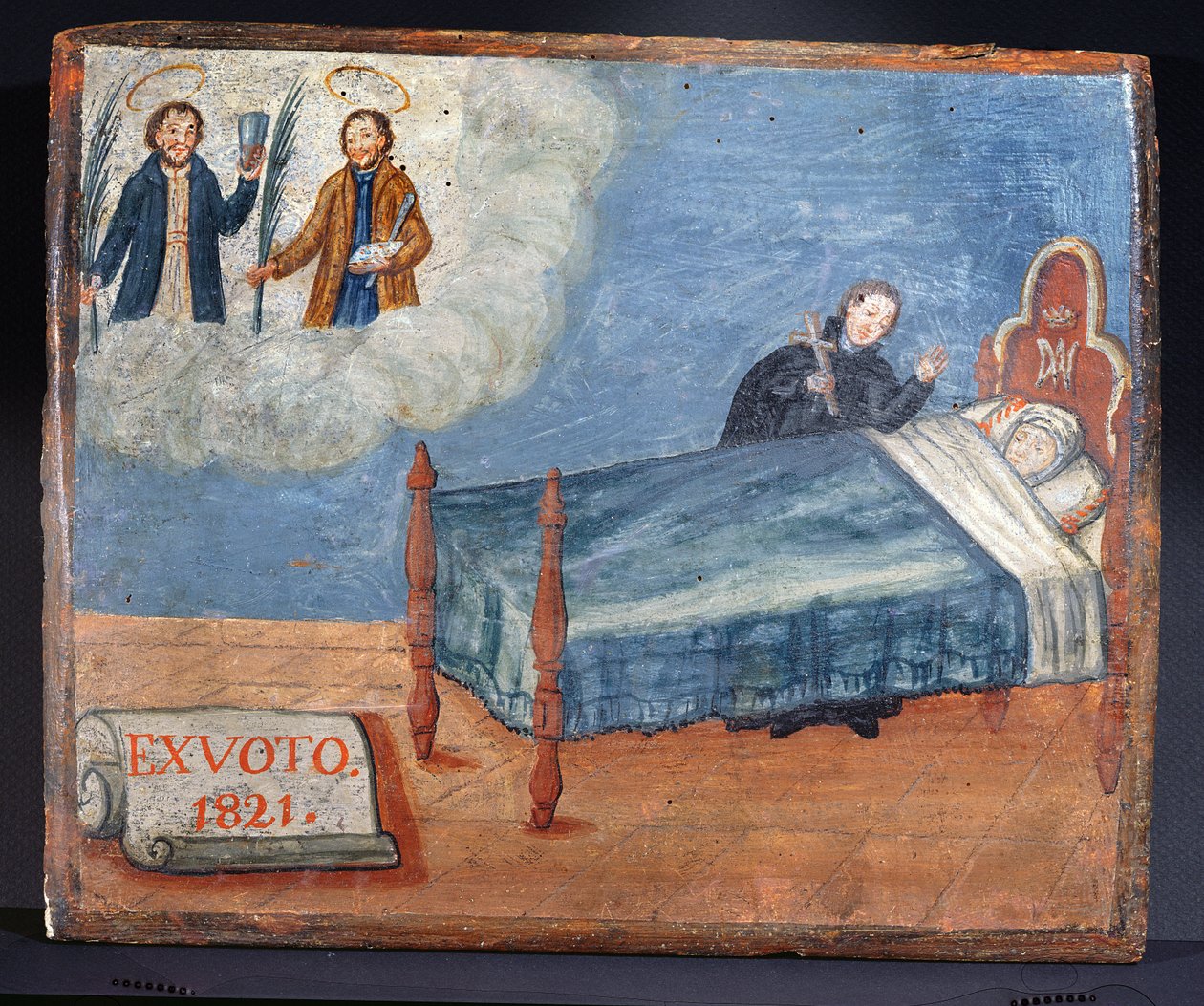 Ex Voto مخصص لـ SS. Cosmas and Damian in الامتنان لشفاء امرأة مريضة ، 1821 بواسطة المدرسة الاسبانية