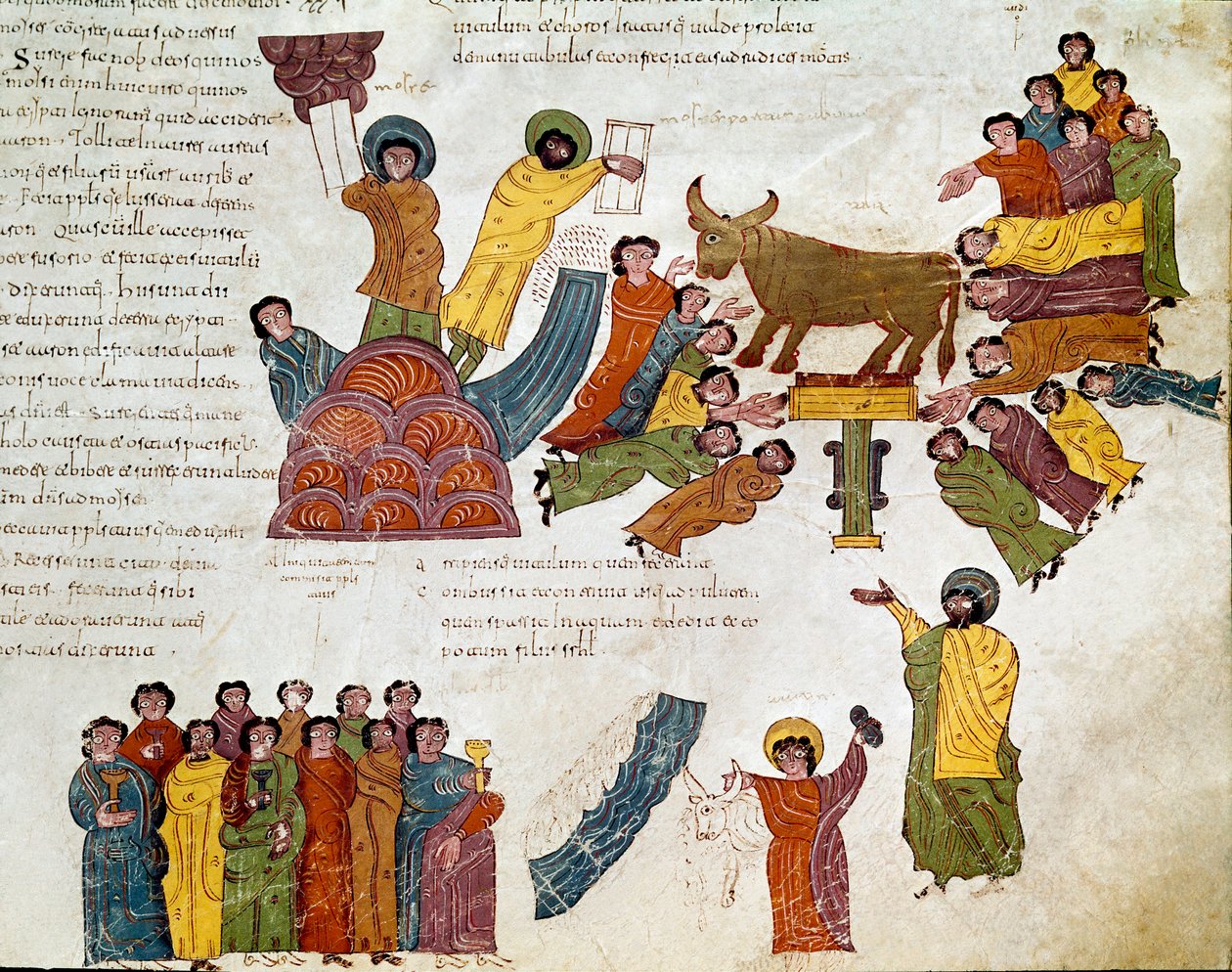 الخروج: "" عبادة العجل الذهبي "" موسى وألواح الشريعة. مصغرة من الكتاب المقدس Mozarabic. القرن العاشر. ليون. مكتبة الكلية الملكية للقديس إيزيدور. إسبانيا بواسطة المدرسة الاسبانية