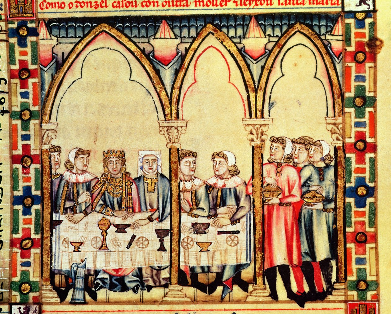 Fol.16v مأدبة الخطوبة ، من المخطوطة المصنوعة بتوجيه من ألفونسو العاشر الملك الحكيم لقشتالة وليون بواسطة المدرسة الاسبانية