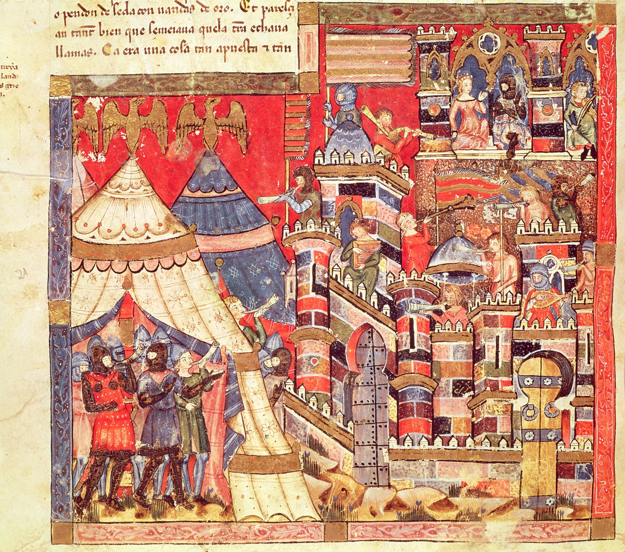 Fol.40v المعسكر اليوناني ومدينة تروي ، من المخطوطة بينيتو سانتا مورا بواسطة المدرسة الاسبانية